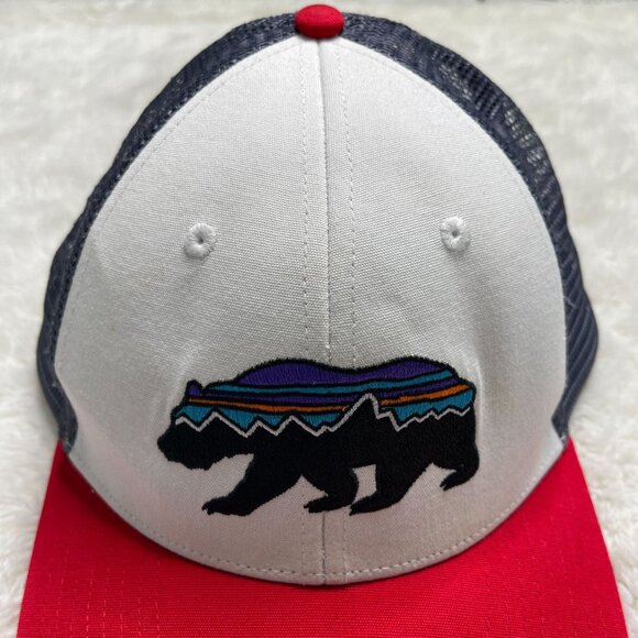 Patagonia Unisex Red White Fitz Roy Bear Mesh Trucker Hat One Size - Picture 2 of 7